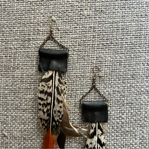 Pheasant Feather and Genuine Leather Extra-Long Dangly Earrings 🌿 - Picture 4 of 10